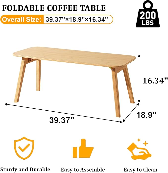 Coffee Table Foldable Mid Century Desk TV Stand with Open Storage Shelf Center Table for Living Room Furniture RV No Assembly, Natural (39.37IN)