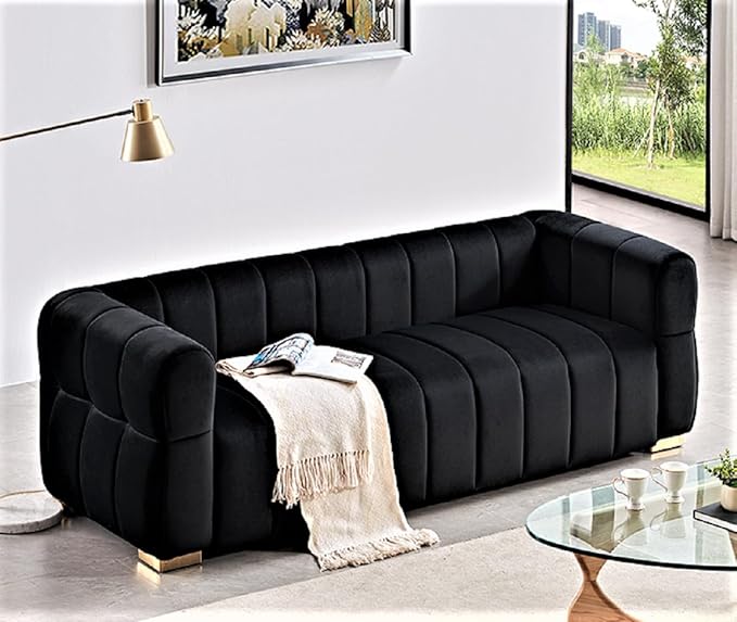 Art Deco Velvet Sofa with Tufted Low Back Design, Sophisticated 3 Seater Couch for Living Rooms, 89 Inch Wide, Easy Assembly, Black