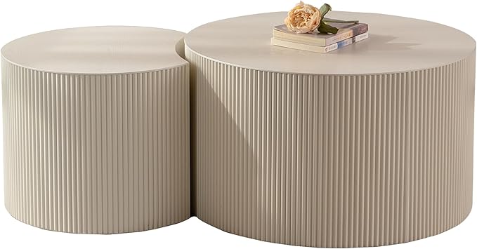 kevinplus 33.68'' Round Modern Coffee Table Set of 2 for Living Room, Wood Circle Drum Coffee Table, No Assembly, Beige