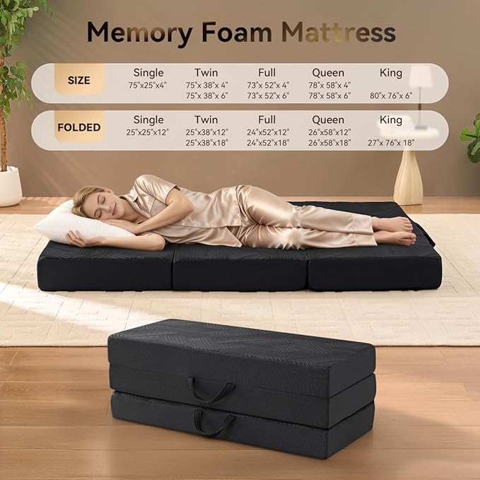 Mattress Topper, 6 Inch Memory Foam Tri-Fold Mattress King, Foldable Bed with Washable Cover, Handles and Non-Slip Bottom for Yoga, Living Room, Camping, 80"x76"x6", Black