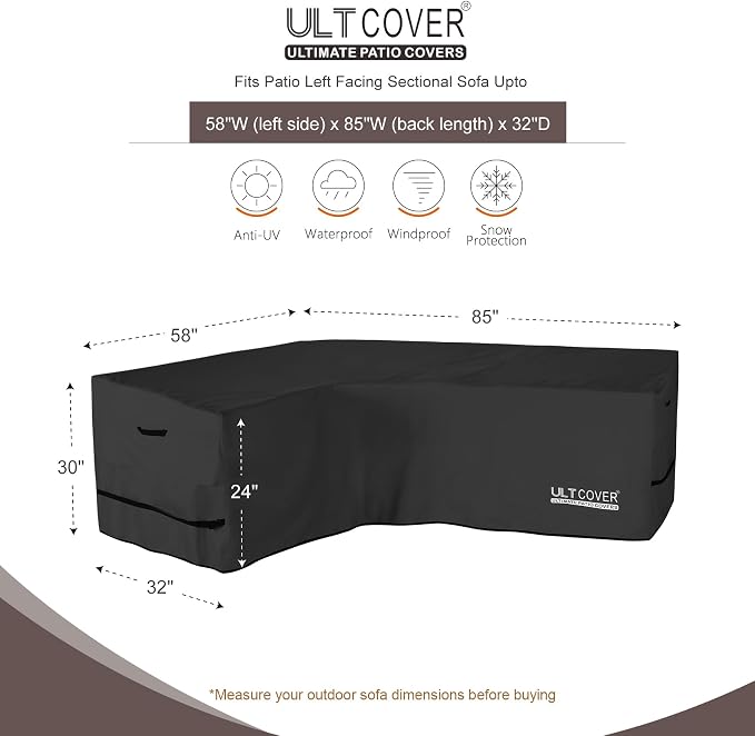 ULTCOVER Patio L-Shaped Left Facing Sofa Cover Waterproof for 4-Seater Outdoor Sectional Furniture Couch 58”W (Left Side) x 85”W (Back Length), Black - Image 2