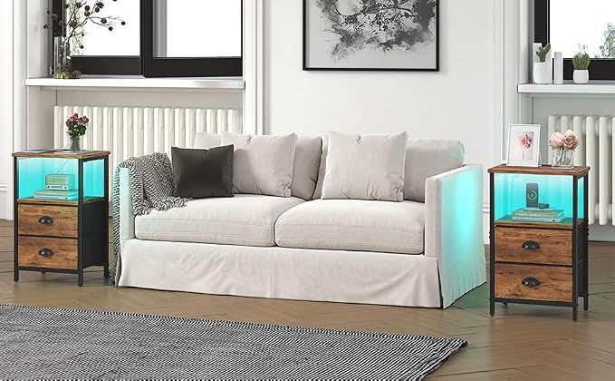 sthmec Nightstand with Charging Station, Night Stand with 2 Fabric Drawers, Bedside Table End Table with LED Light, 3-Tier Storage Side Table Nightstand with Drawers for Bedroom,Rustic Brown - Image 9