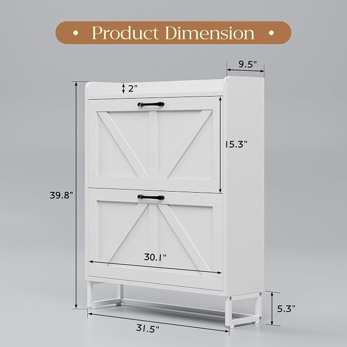 MU Shoe Storage Cabinet for Entryway, Hidden Shoe Cabinet with 2 Flip Drawers, Narrow Shoe Organizer Shoe Rack Cabinet with Metal Legs, White - Image 2