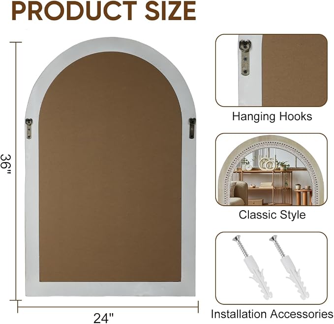 Arched Wooden Mirrors for Farmhouse Wall Decor Arched Wood Frame With Beads Details, Rustic Large Bathroom Vanity Mirrors for Bathroom, Over Sink, Bedroom, Living Room, Entryway,Foyer (36''Lx24''W) - Image 4