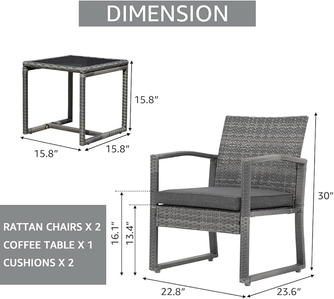 Patiorama 3 Piece Outdoor Patio Furniture Conversation Set, Rattan Chair Set With Coffee Table, For Garden, Balcony, Backyard, Poolside (Dark Grey)