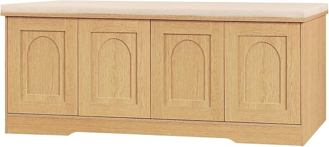 DINZI LVJ Shoe Bench, Entryway Storage Bench with Doors, Cushion, 2-Tier Shoe Rack with 8-Cubby, 47.2”L x 13.8”W Shoe Organizer Cabinet, Adjustable Shelf, Living Room, Bedroom, Natural by DINZILVJ
