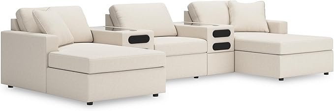 Signature Design by Ashley Modern Modmax Stain Resistant U-Shape Symmetrical 5-Piece Double Chaise with Audio Consoles and Reversible Cushion, Beige