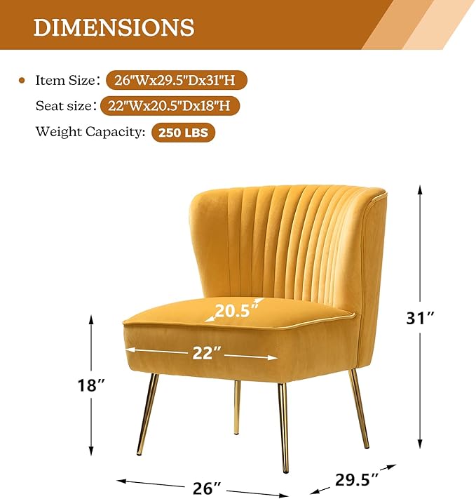 HULALA HOME Velvet Accent Chair, Modern Upholstered Cute Side Chair with Gold Metal Legs, Armless Wingback Slipper Chair Comfy Living Room Chair for Bedroom Guest Room Vanity, Mustard