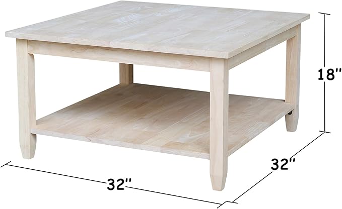 IC International Concepts, Solano Square Coffee Table, Solid Real Wood, Sturdy Parawood, Living Room/Family Room/Entryway, 32"W x 32"D x 18"H with Shelf, Paint/Stain Ready, Unfinished