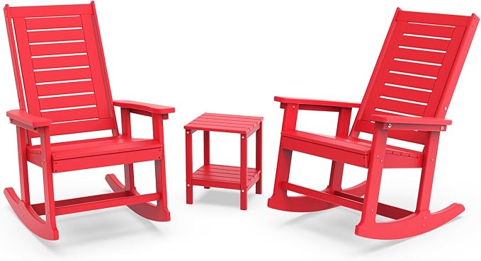GREENVINES Outdoor Rocking Chair Set | 3-Piece | 2 Rocking Chairs with 1 Side Table | Porch Rocker | HDPE Plastic | Red | Patio Furniture Sets | High Back | Big & Tall | Ladder Back by GreenVines