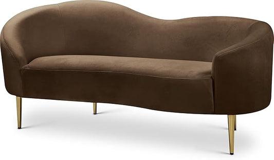 Meridian Furniture 659Brown-L Ritz Collection Modern | Contemporary Upholstered Loveseat with Rich Brown Velvet, Gold Metal Legs, Curved Contemporary Design, 67" W x 31.75" D x 30.5" H, Brown