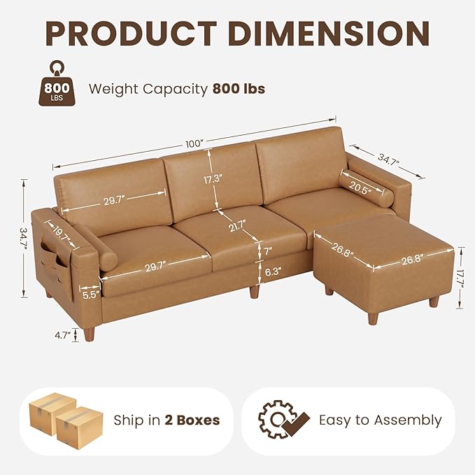 Vesgantti 100" L Shaped Faux Leather Couch with Movable Ottoman, 3 Seater PU Leather Sectional Sofa with Side Pocket, Mid Century Modern Modular Couch for Living Room, Bedroom, Cognac Tan