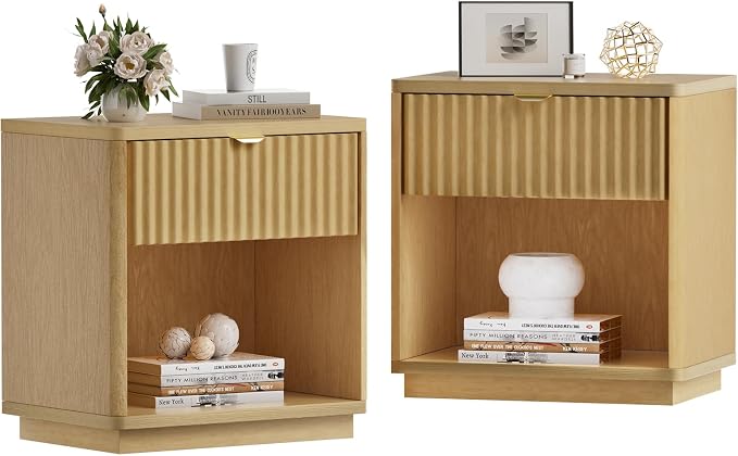 Nightstands Set of 2, Nightstand with Drawers Bedside Table End Table, Modern Fluted Nightstand Bed Side Table for Bedroom Living Room(Oak Natural) - Image 9
