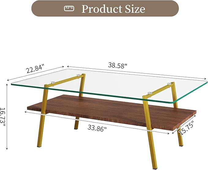 IANIYA Glass Coffee Table for Living Room Small Gold Mid Century Coffee Table for Living Room with Wood Shelves (Gold Frame, Transparent Glass + Brown Wood)