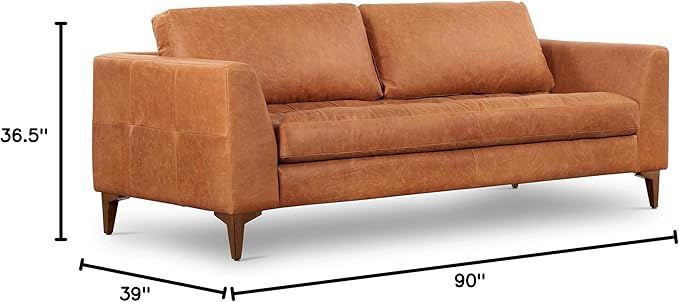Poly & BARK Calle 90" Sofa Full-Grain Pure-Aniline Italian Leather in Cognac Tan, Solid Wood Legs