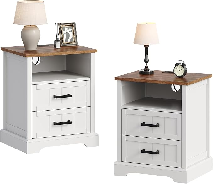 ChooChoo Farmhouse Night Stands with Charging Station, Wood Nightstand Set of 2 with 2 Drawers, Bedside Table with Open Storage Shelf for Bedroom, White by ChooChoo