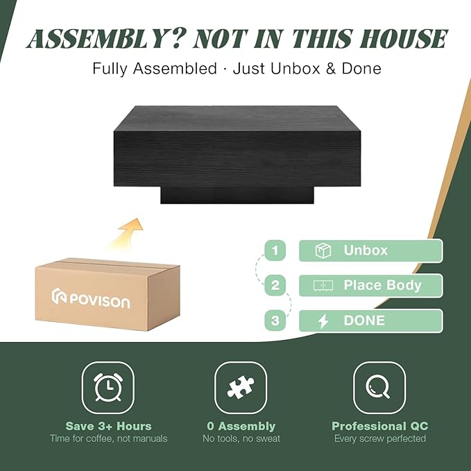 POVISON Modern Square Coffee Table with Drawers, 39.37" Wood Coffee Table for Living Room Home Office, Fully-Assembled Black