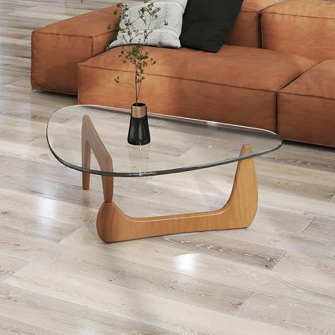 Glass Coffee Table Modern Coffee Table for Living Room, Farmhouse Mid Century Center Tables with Tempered Glass Top and Wooden Base,Rustic Walnut Brown Tea Tables for Small Space