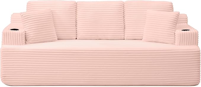 Eafurn Floor Loveseat Boneless Sofa Couch in a Box with Cup Holder and Side Pockets, 3 Seater Comfy Corduroy Upholstered Foam Couch with Deep Seating for Living Room,No Assembly | Breathable material, Cupholders