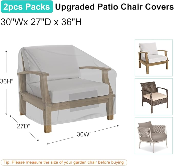 Patio Chair Covers for Outdoor Furniture Waterproof 2 Pack, Lawn Chair Covers 600D Heavy Duty Oxford Cloth, Large Covers for Lounge Lawn Deep Seat 30" W x 27" D x 36" H-Gray - Image 2