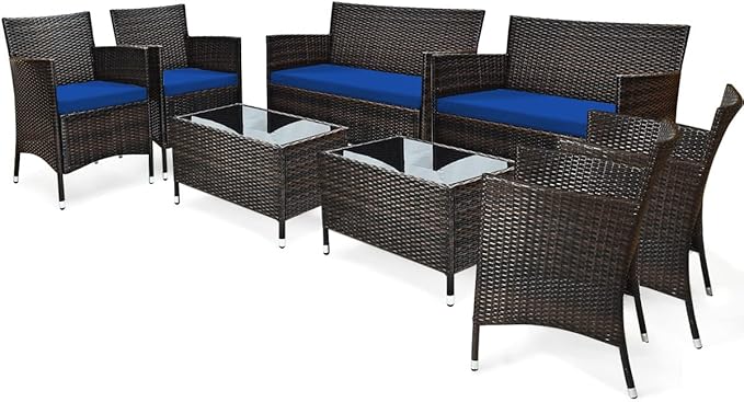 8 Pieces Patio Sofa Set, Wicker Conversation Set with Ergonomic Curved Backrest, Water-Resistant Cushion & Tempered Glass Table for Balcony, Porch (Navy Blue)