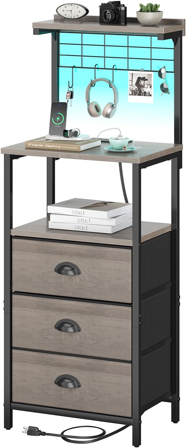 sthmec Bedside Tall Nightstands with Charging Station, LED Bedside Table for Bedroom - 3 PU Fabric Drawers, Hooks, USB/Type-C Ports & Open Bedside Shelves, Grey by Unknown