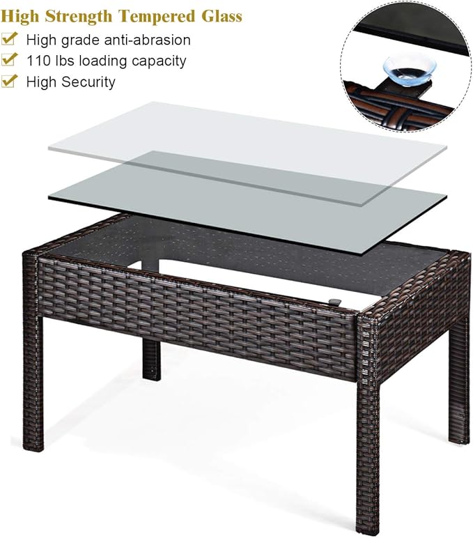 4 Pieces Patio Furniture Set, Wicker Conversation Set with Water-Resistant Cushion & Tempered Glass Table, Porch Deck Furniture Outdoor Rattan Chair for Backyard, Balcony(Beige)