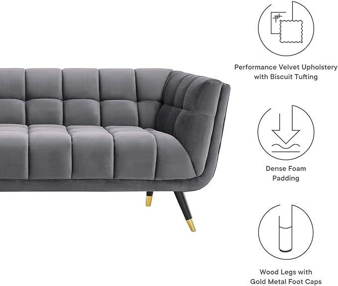 Modway Adept Contemporary Mid-Century Modern Performance Velvet Upholstered Tufted Sofa in Gray