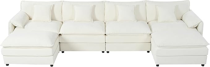 143-Inch U-Shaped Sectional Cloud Sofa Oversized Modular 6 Seaters Sofa Couch with 2 Ottoman Chaise and Pillow Armrest, Chenille Upholstered Convertible Cloud Couch