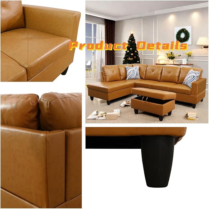 FONTOI L Shaped Sectional Couch with Otttoman, 97" Leather Sectional Sofa for Living Room Modular Couches with Cup Holders for Bedroom, Apartments, Ginger