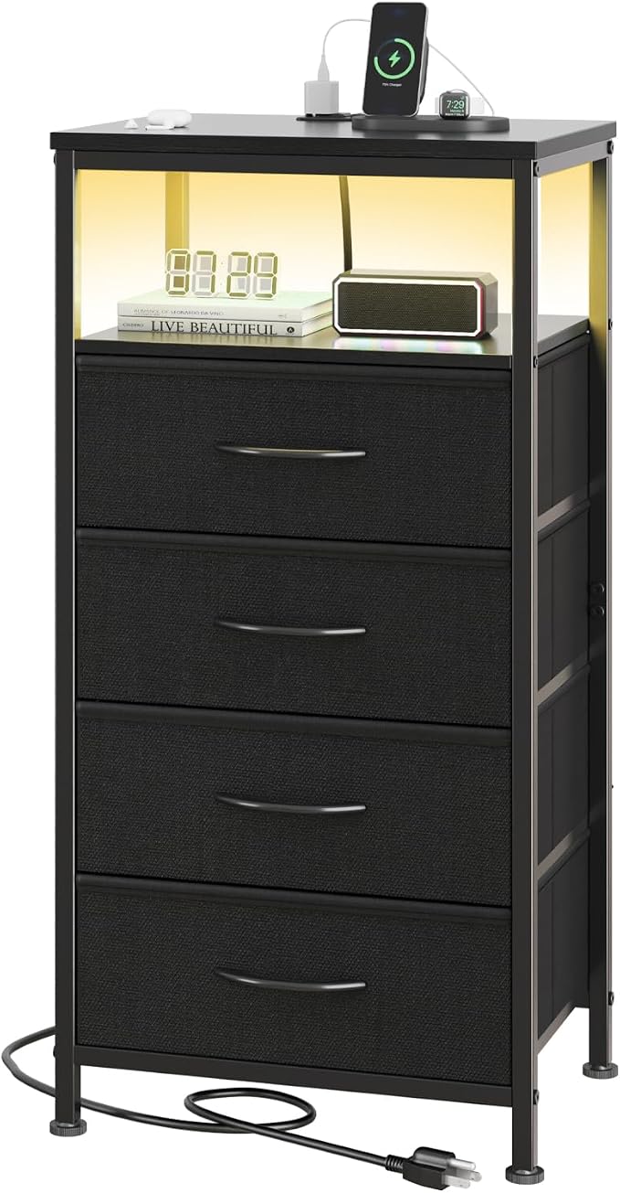 OLIXIS Nightstand with Charging Station, 4-Drawer Bedside Table with USB Ports & Type-C, Bedroom Night Stand with Fabric Drawers and Open Shelf, Tall Narrow End Table for Small Bedroom, Black by OLIXIS
