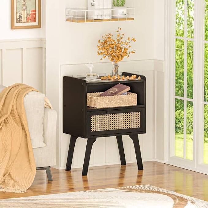 Lerliuo Rattan Nightstand, Bedside Table with Drawer Open Shelf, Cane Accent Side End Table with Solid Wood Legs, Black Mid Century Night Stand for Bedroom, Dorm and Small Spaces - Image 2