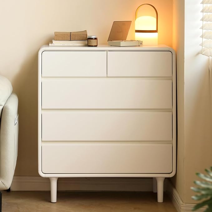 5-Drawers White Wood Nightstand, Mid Century Modern Nightstands, Night Stand for Bedroom, Wood Bedside Tables for Dorm, Sturdy(Rubberwood, 36" H) by Vadisun