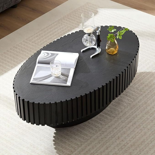 Oval Coffee Table for Living Room Pedestal Fluted Coffee Table Modern Handcrafted Centre Table for Apartment, Easy Assembly 43.7", Black