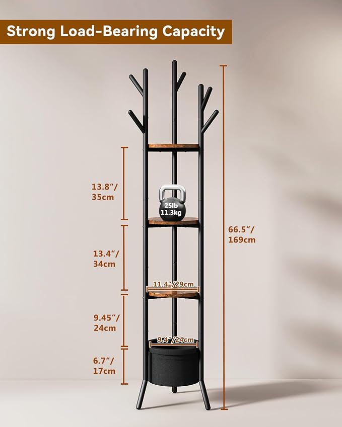 YMYNY Coat Rack, Freestanding Coat Stand with Storage Shelves, Hall Trees with 3 Wooden Shelves and 1 Fabric Basket, Metal Clothes Stand for Hats Bags Hallway Bedroom Rustic Brown UHGR005H - Image 8