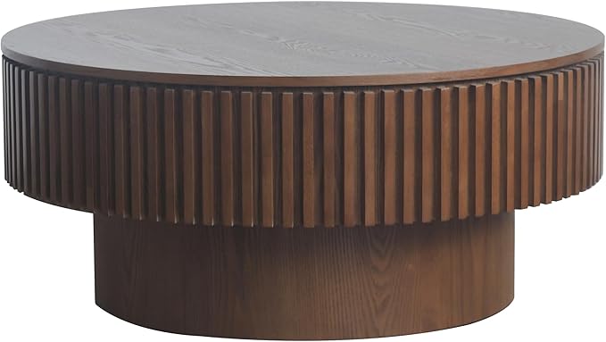 φ31.5 Round Coffee Table with Storage, Wood Veneered Pedestal End Table for Living Room, Modern Contemporary Circle Fluted Drum Side Table for Small Space - ø31.5" x 14"H Walnut