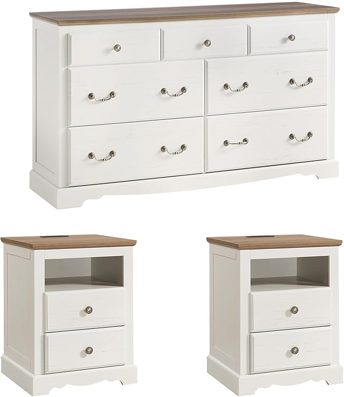 AMERLIFE Farmhouse 3 Pieces Bedroom Sets, Include 54" Wide 7 Drawers Dresser, Nightstand Set of 2 with Charging Station, Rustic Retro Bedroom Furniture Set, White