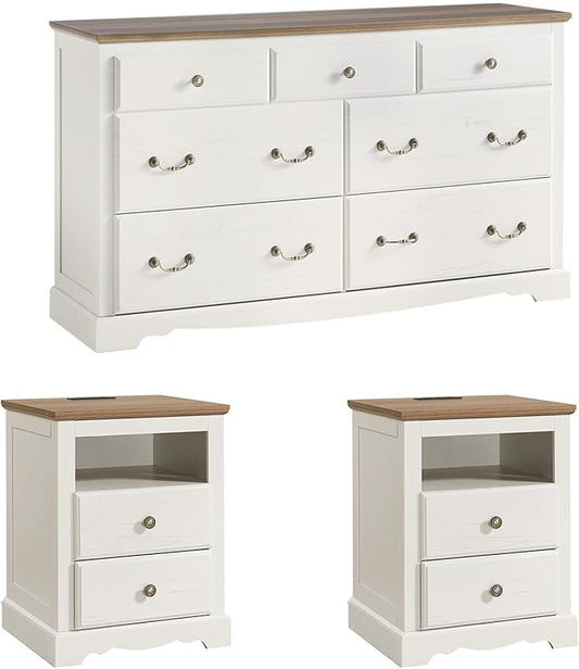 AMERLIFE Farmhouse 3 Pieces Bedroom Sets, Include 54" Wide 7 Drawers Dresser, Nightstand Set of 2 with Charging Station, Rustic Retro Bedroom Furniture Set, White