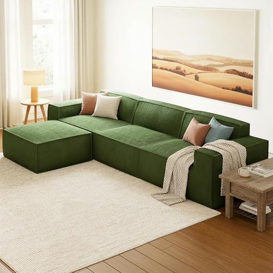 Marsail 111' Modular Sectional Sofa, L-Shape Corduroy Cloud Couch with Deep Seat, Freely Combinable Boneless Sofa for Living Room, No Assembly Required, Dark Green