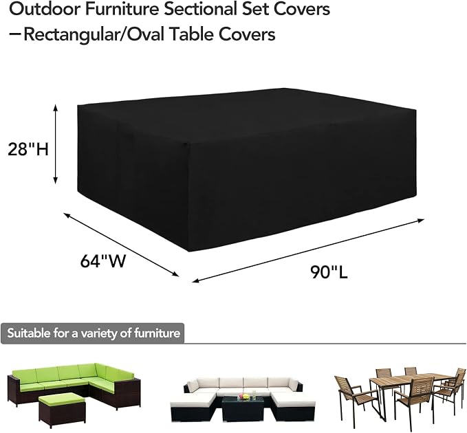 Easy-Going 600D Heavy Duty Patio Furniture Cover, Outdoor Rectangular Table and Chair Set Cover, Waterproof Outdoor Sectional Set Cover (90" L x 64" W x 28" H, Black) - Image 2