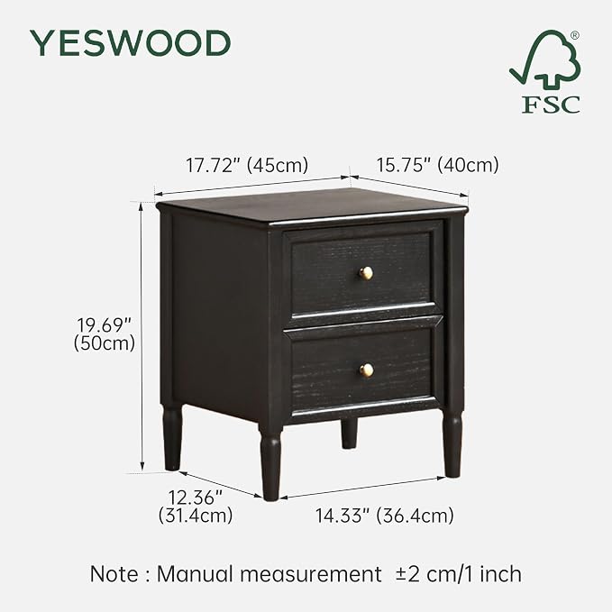 YESWOOD 100% Solid Wood Nightstand, Oak Night Stand with 2 Drawers, Farmhouse Nightstands, Mid-Century Modern Nightstand, Small Bedside Table for Bedroom, 19.69" H, Black - Image 3