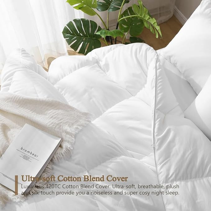 DWR Luxury Down Feather Fibers Comforter Full/Queen, Hotel-Style Fluffy Duvet Insert, Ultra-Soft Cotton Blend Fabric, High Fill Power 46oz Medium Weight for All Season(90x90, White)