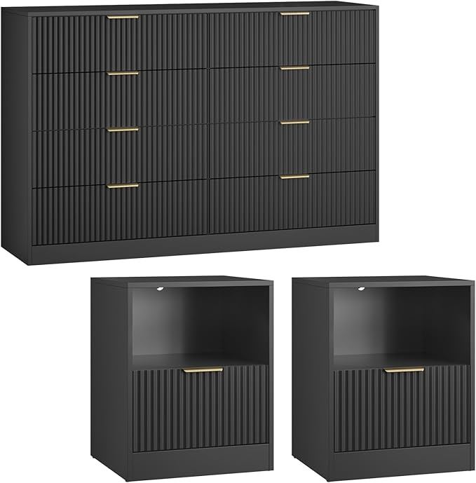 8 Drawer Dresser & Nightstand Set 3-Piece, 55” Wide Bedroom Dresser Set Night Stand Set of 2 with Metal Handle, Fluted Modern Wood Chest of Drawers Storage Dressers Set for Bedroom, Black