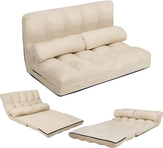 KOMFOTT Adjustable Floor Sofa Bed, Foldable Lazy Sofa Sleeper with 6 Position Backrest & 2 Pillows, Convertible Futon Couch with Suede Cloth Cover, Lounge Recliner for Living Room