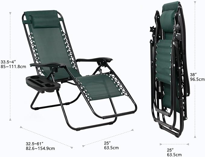 Nazhura Set of 2 Relaxing Recliners Patio Chairs Adjustable Steel Mesh Zero Gravity Lounge Chair Beach Chairs with Pillow and Cup Holder (Dark Green) - Image 3