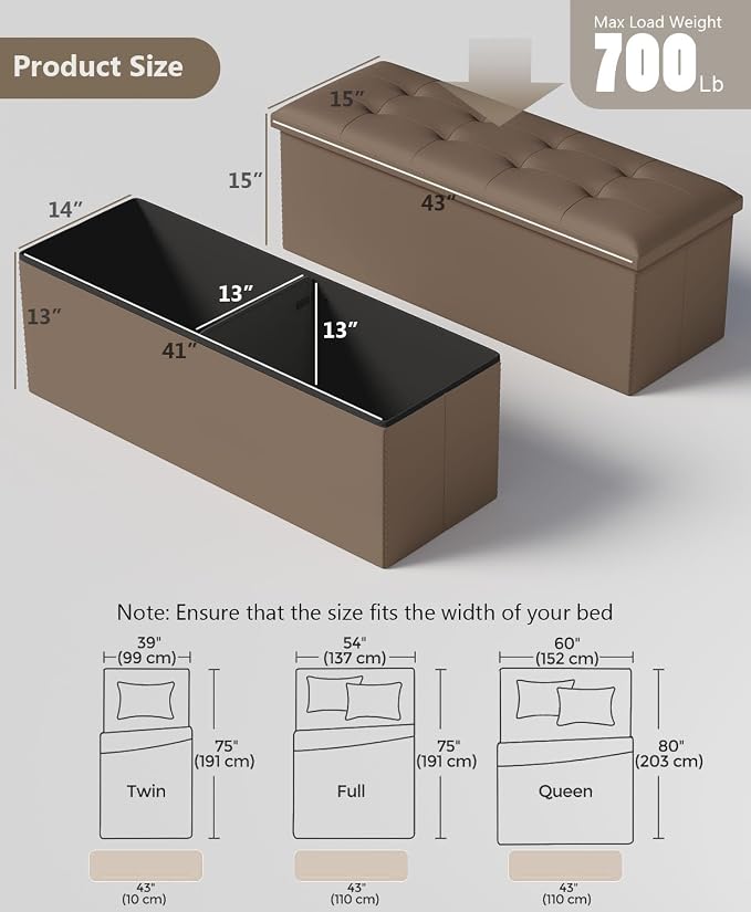 OS MOTOR Folding Storage Ottoman Bench, Multi-Functional Ottoman Foot Rest, End of Bed Bench, Storage Chest for Living Room, Bedroom, Hallway, Entryway, Holds Up to 600 lbs (Brown, 43 Inches) - Image 3