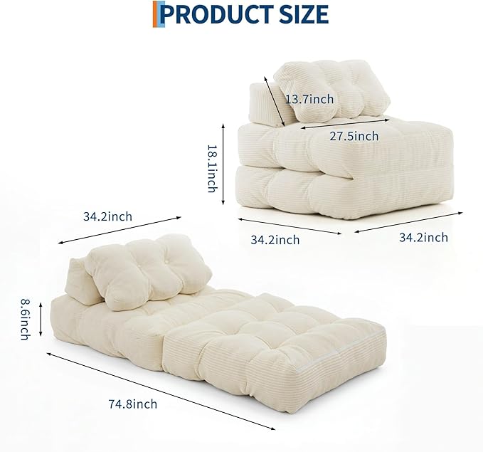 Folding Sofa Bed, Convertible Sleeper Chair with Pillow Foldable Matress with Back Support, Portable Fold Out Chair Bed Comfy Floor Sofa Lounge for Living Room Bedroom, Beige, Single