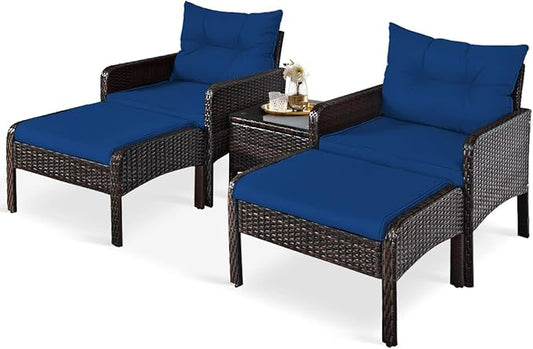 HAPPYGRILL 5 Pieces Patio Furniture Set Outdoor Rattan Wicker Conversation Set with Coffee Table Cushioned Sofas and Ottoman Chat Set for Garden Backyard
