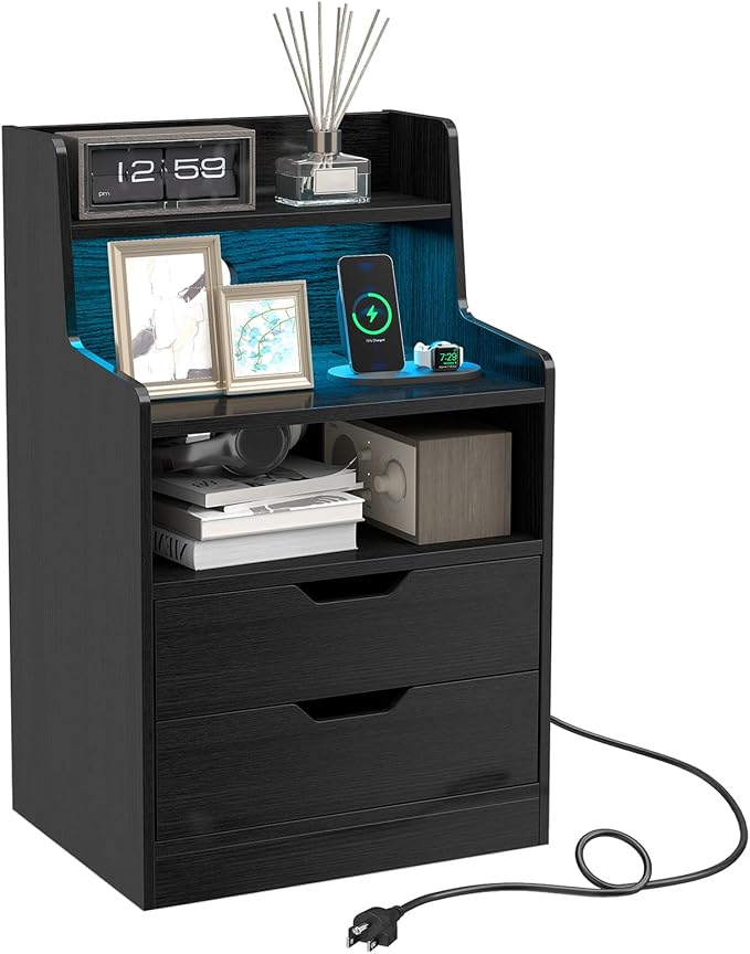 KOMFOTT Nightstand with Charging Station & LED Lights, Smart Night Stand with Hutch & Remote, Modern Side End Table with 2 Storage Drawers for Bedroom Dorm (Black,1) by KOMFOTT