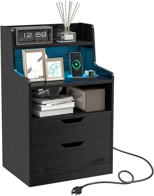 KOMFOTT Nightstand with Charging Station & LED Lights, Smart Night Stand with Hutch & Remote, Modern Side End Table with 2 Storage Drawers for Bedroom Dorm (Black,1) by KOMFOTT